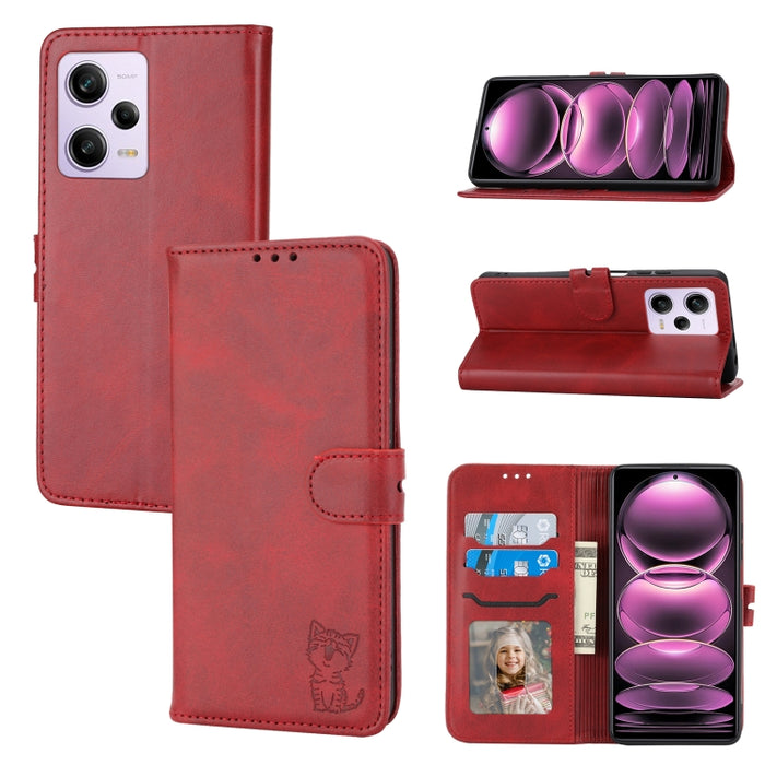 Funda de cuero para teléfono con diseño de gato feliz en relieve, For Xiaomi Redmi Note 12 5G Global, For Xiaomi Redmi Note 12 Pro 5G Global, For Xiaomi Redmi Note 12 Pro+ 5G Global, For Xiaomi 12T/12T Pro/Redmi K50 Ultra, For Xiaomi 13, For Xiaomi 13 ...