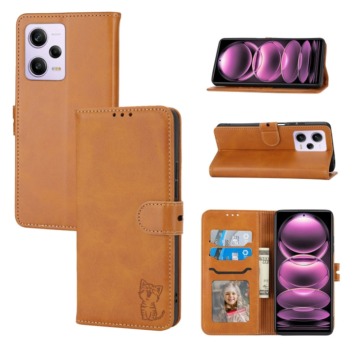 Funda de cuero para teléfono con diseño de gato feliz en relieve, For Xiaomi Redmi Note 12 5G Global, For Xiaomi Redmi Note 12 Pro 5G Global, For Xiaomi Redmi Note 12 Pro+ 5G Global, For Xiaomi 12T/12T Pro/Redmi K50 Ultra, For Xiaomi 13, For Xiaomi 13 ...