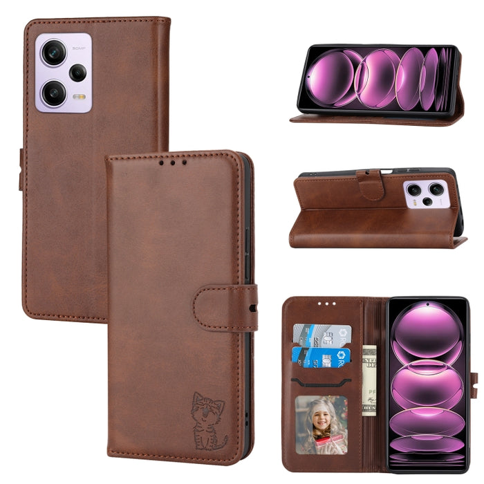 Funda de cuero para teléfono con diseño de gato feliz en relieve, For Xiaomi Redmi Note 12 5G Global, For Xiaomi Redmi Note 12 Pro 5G Global, For Xiaomi Redmi Note 12 Pro+ 5G Global, For Xiaomi 12T/12T Pro/Redmi K50 Ultra, For Xiaomi 13, For Xiaomi 13 ...