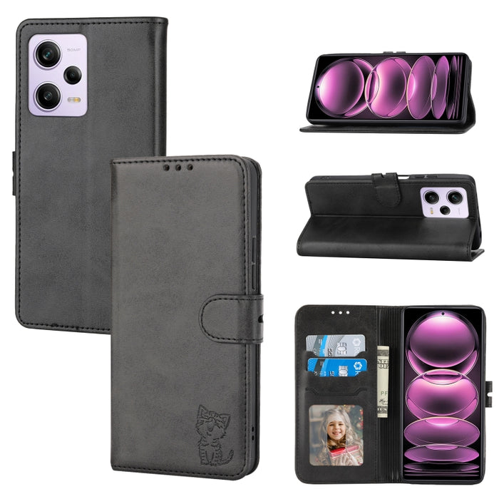 Funda de cuero para teléfono con diseño de gato feliz en relieve, For Xiaomi Redmi Note 12 5G Global, For Xiaomi Redmi Note 12 Pro 5G Global, For Xiaomi Redmi Note 12 Pro+ 5G Global, For Xiaomi 12T/12T Pro/Redmi K50 Ultra, For Xiaomi 13, For Xiaomi 13 ...