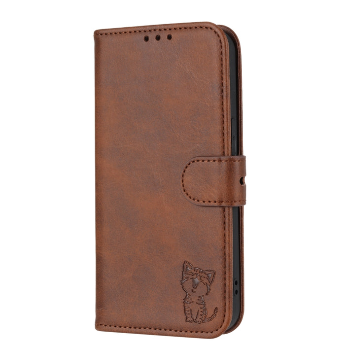 Funda de cuero para teléfono con diseño de gato feliz en relieve, For Xiaomi Redmi Note 12 4G Global