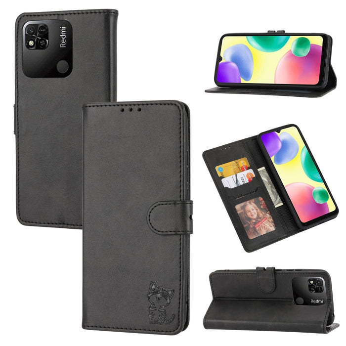 Funda de cuero para teléfono con diseño de gato feliz en relieve, For Xiaomi Redmi 12C, For Samsung Galaxy A24 4G