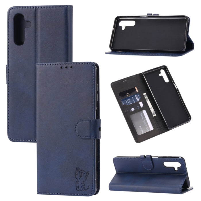 Funda de cuero para teléfono con diseño de gato feliz en relieve, For Xiaomi Redmi 12C, For Samsung Galaxy A24 4G