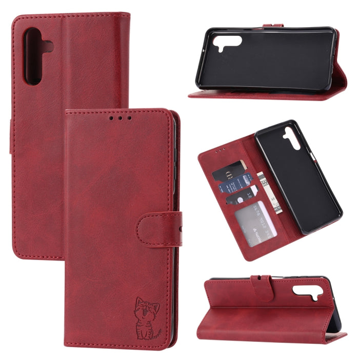 Funda de cuero para teléfono con diseño de gato feliz en relieve, For Xiaomi Redmi 12C, For Samsung Galaxy A24 4G