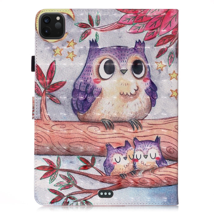 Estuche de cuero con tapa horizontal de dibujo en color 3D, con función de reposo / activación y soporte y tarjetero y billetera