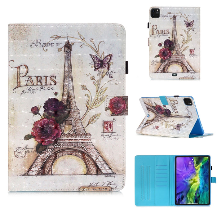 Estuche de cuero con tapa horizontal de dibujo en color 3D, con función de reposo / activación y soporte y tarjetero y billetera