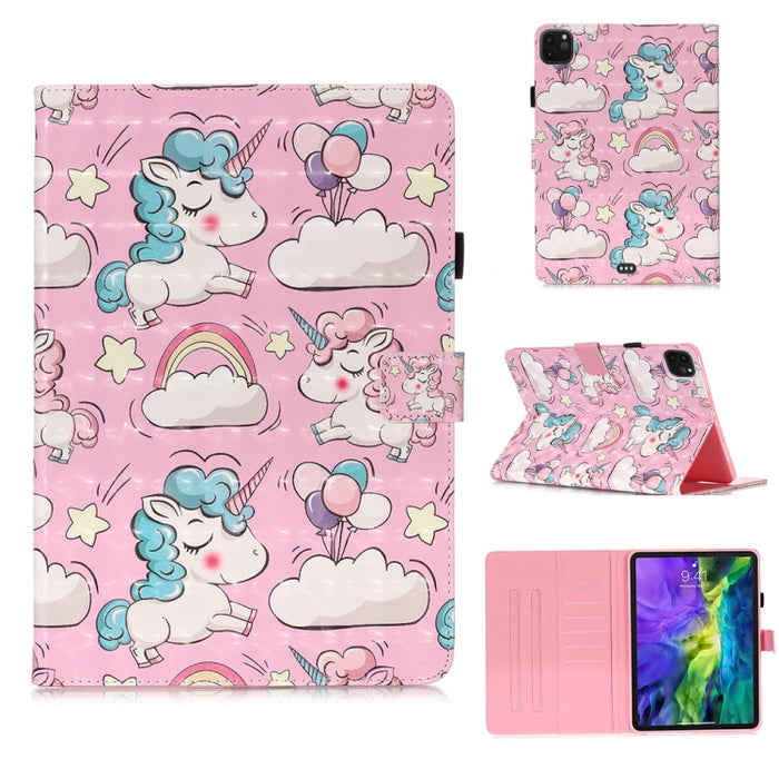 Estuche de cuero con tapa horizontal de dibujo en color 3D, con función de reposo / activación y soporte y tarjetero y billetera