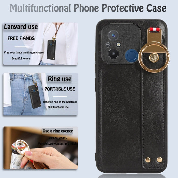 Funda trasera de cuero con muñequera, For Xiaomi Redmi 12C / Poco C55, For Xiaomi Redmi K60 / K60 Pro