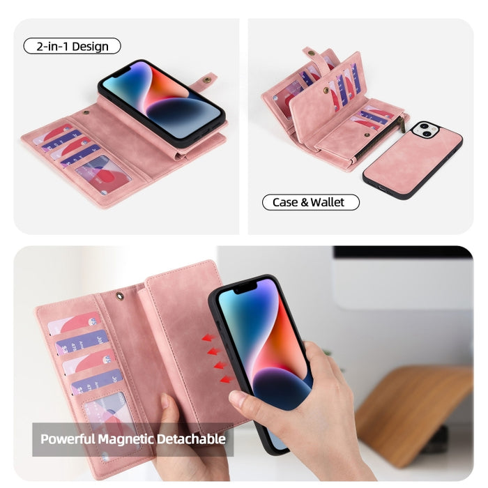 Estuche para teléfono de cuero MagSafe desmontable tipo billetera con cremallera