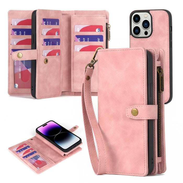 Estuche para teléfono de cuero MagSafe desmontable tipo billetera con cremallera