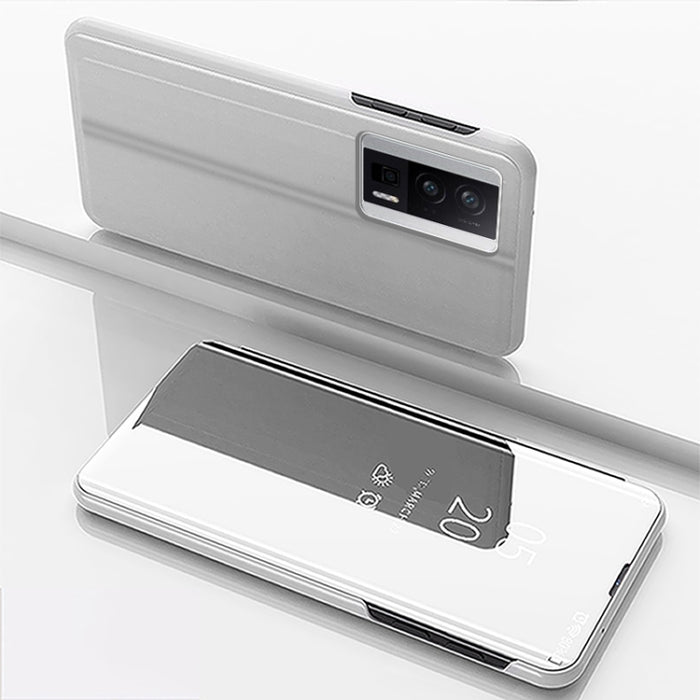 Estuche para teléfono de cuero con tapa y soporte de espejo plateado, For Xiaomi Poco F5, For Xiaomi Poco F5 Pro