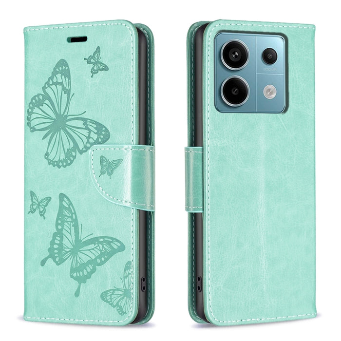 Estuche para teléfono de cuero con dos mariposas en relieve, For Xiaomi Redmi Note 13 Pro 4G Global, For Xiaomi Poco M6 Pro 4G, For Xiaomi Redmi Note 13 4G Global, For Xiaomi Redmi Note 13, For Xiaomi Redmi 13C, For Xiaomi Redmi Note 13 Pro+ 5G        ...