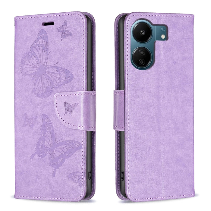 Estuche para teléfono de cuero con dos mariposas en relieve, For Xiaomi Redmi Note 13 Pro 4G Global, For Xiaomi Poco M6 Pro 4G, For Xiaomi Redmi Note 13 4G Global, For Xiaomi Redmi Note 13, For Xiaomi Redmi 13C, For Xiaomi Redmi Note 13 Pro+ 5G        ...