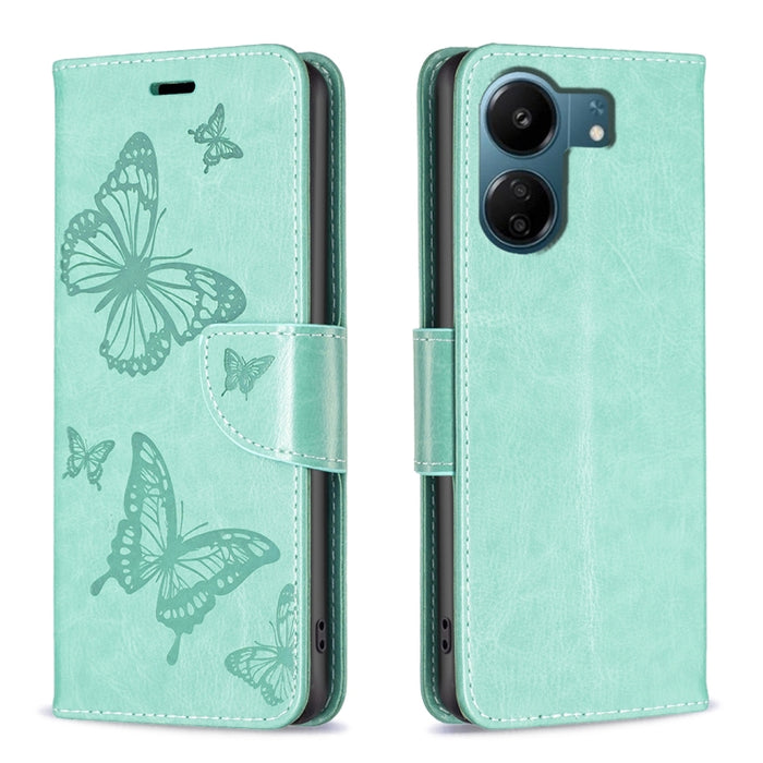 Estuche para teléfono de cuero con dos mariposas en relieve, For Xiaomi Redmi Note 13 Pro 4G Global, For Xiaomi Poco M6 Pro 4G, For Xiaomi Redmi Note 13 4G Global, For Xiaomi Redmi Note 13, For Xiaomi Redmi 13C, For Xiaomi Redmi Note 13 Pro+ 5G        ...