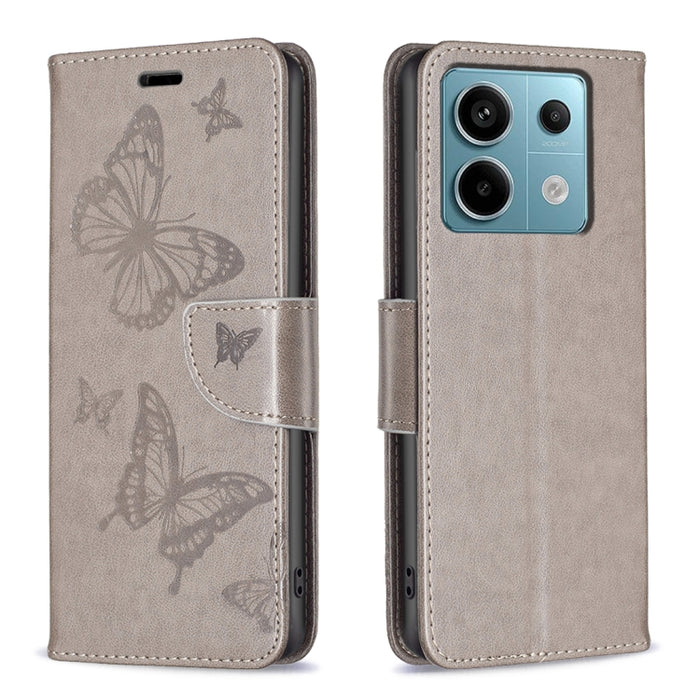 Estuche para teléfono de cuero con dos mariposas en relieve, For Xiaomi Redmi Note 13 Pro 4G Global, For Xiaomi Poco M6 Pro 4G, For Xiaomi Redmi Note 13 4G Global, For Xiaomi Redmi Note 13, For Xiaomi Redmi 13C, For Xiaomi Redmi Note 13 Pro+ 5G        ...