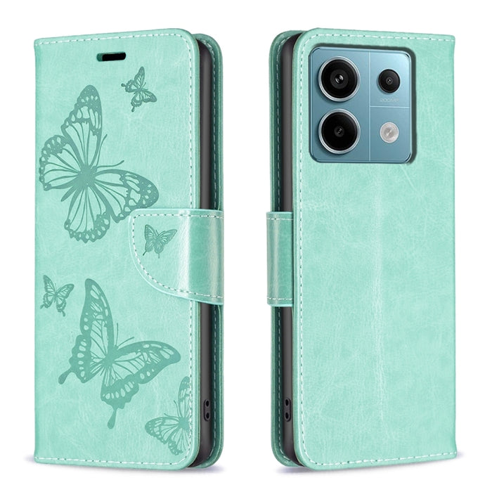 Estuche para teléfono de cuero con dos mariposas en relieve, For Xiaomi Redmi Note 13 Pro 4G Global, For Xiaomi Poco M6 Pro 4G, For Xiaomi Redmi Note 13 4G Global, For Xiaomi Redmi Note 13, For Xiaomi Redmi 13C, For Xiaomi Redmi Note 13 Pro+ 5G        ...