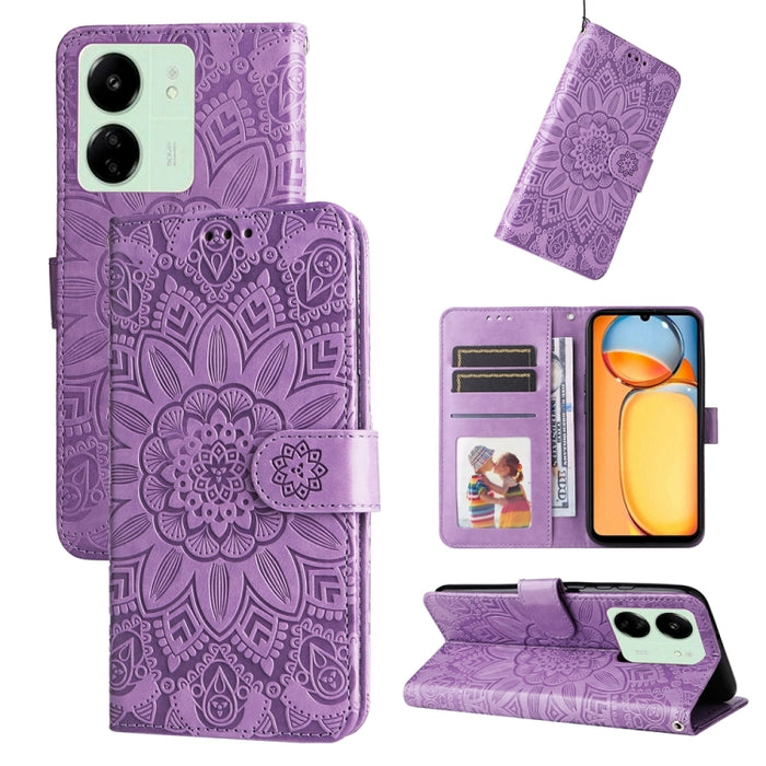 Estuche para teléfono de cuero con estampado de girasol en relieve, For Xiaomi Redmi A3, For Xiaomi Redmi Note13 Pro 4G Global/Poco M6 Pro 4G, For Xiaomi Redmi Note13 4G, For Xiaomi Redmi K70E, For Xiaomi 14 Ultra, For Xiaomi 14 Pro, For Xiaomi 14     ...
