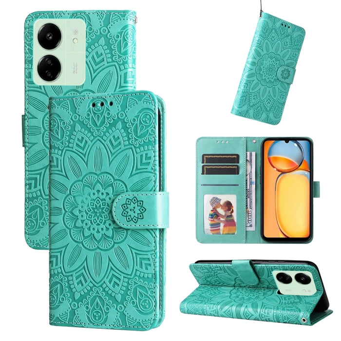 Estuche para teléfono de cuero con estampado de girasol en relieve, For Xiaomi Redmi A3, For Xiaomi Redmi Note13 Pro 4G Global/Poco M6 Pro 4G, For Xiaomi Redmi Note13 4G, For Xiaomi Redmi K70E, For Xiaomi 14 Ultra, For Xiaomi 14 Pro, For Xiaomi 14     ...