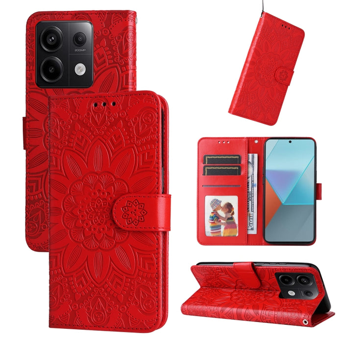 Estuche para teléfono de cuero con estampado de girasol en relieve, For Xiaomi Redmi A3, For Xiaomi Redmi Note13 Pro 4G Global/Poco M6 Pro 4G, For Xiaomi Redmi Note13 4G, For Xiaomi Redmi K70E, For Xiaomi 14 Ultra, For Xiaomi 14 Pro, For Xiaomi 14     ...
