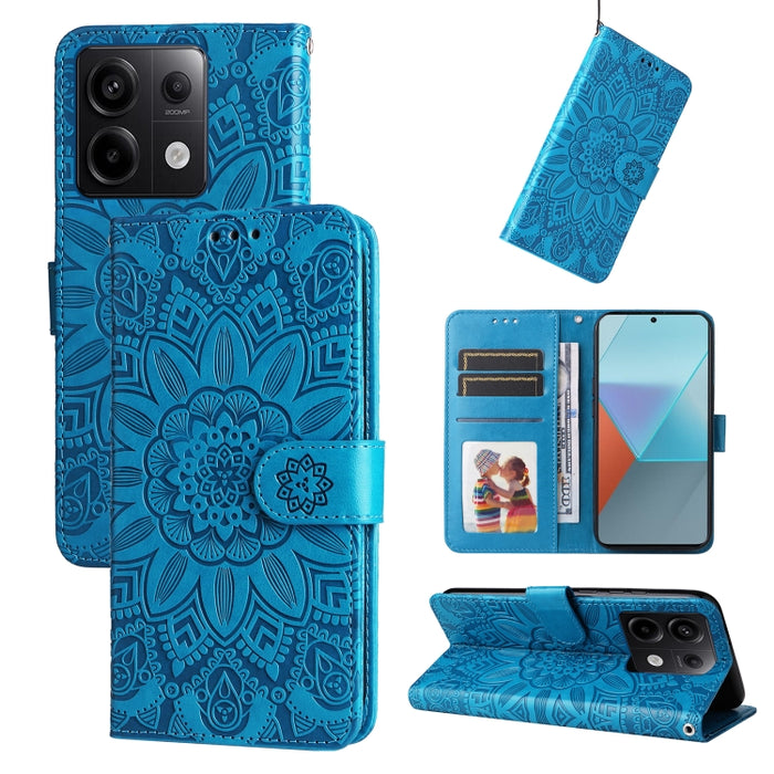 Estuche para teléfono de cuero con estampado de girasol en relieve, For Xiaomi Redmi A3, For Xiaomi Redmi Note13 Pro 4G Global/Poco M6 Pro 4G, For Xiaomi Redmi Note13 4G, For Xiaomi Redmi K70E, For Xiaomi 14 Ultra, For Xiaomi 14 Pro, For Xiaomi 14     ...