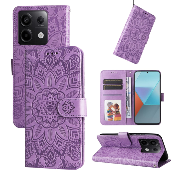 Estuche para teléfono de cuero con estampado de girasol en relieve, For Xiaomi Redmi A3, For Xiaomi Redmi Note13 Pro 4G Global/Poco M6 Pro 4G, For Xiaomi Redmi Note13 4G, For Xiaomi Redmi K70E, For Xiaomi 14 Ultra, For Xiaomi 14 Pro, For Xiaomi 14     ...