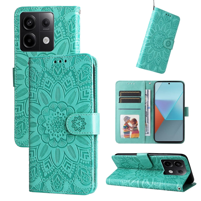 Estuche para teléfono de cuero con estampado de girasol en relieve, For Xiaomi Redmi A3, For Xiaomi Redmi Note13 Pro 4G Global/Poco M6 Pro 4G, For Xiaomi Redmi Note13 4G, For Xiaomi Redmi K70E, For Xiaomi 14 Ultra, For Xiaomi 14 Pro, For Xiaomi 14     ...