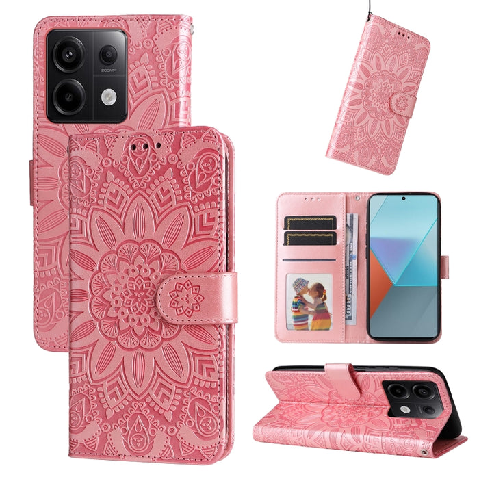 Estuche para teléfono de cuero con estampado de girasol en relieve, For Xiaomi Redmi A3, For Xiaomi Redmi Note13 Pro 4G Global/Poco M6 Pro 4G, For Xiaomi Redmi Note13 4G, For Xiaomi Redmi K70E, For Xiaomi 14 Ultra, For Xiaomi 14 Pro, For Xiaomi 14     ...