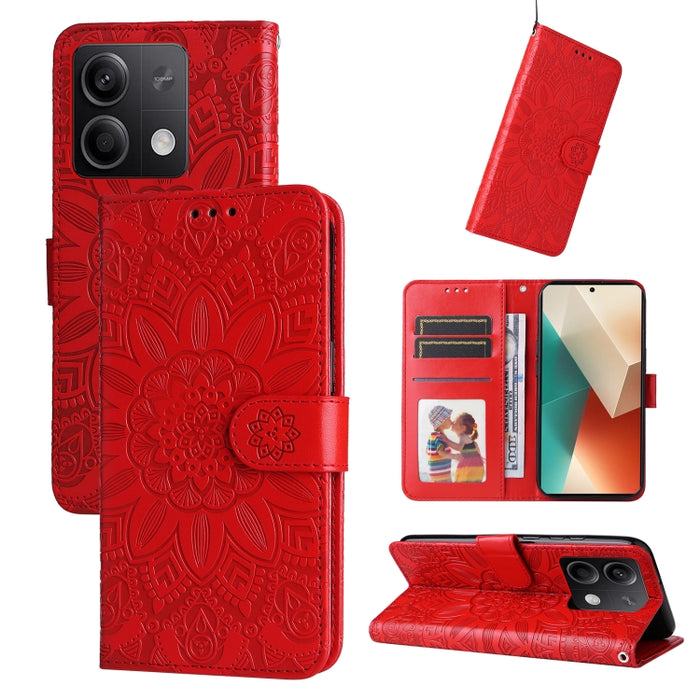 Estuche para teléfono de cuero con estampado de girasol en relieve, For Xiaomi Redmi A3, For Xiaomi Redmi Note13 Pro 4G Global/Poco M6 Pro 4G, For Xiaomi Redmi Note13 4G, For Xiaomi Redmi K70E, For Xiaomi 14 Ultra, For Xiaomi 14 Pro, For Xiaomi 14     ...