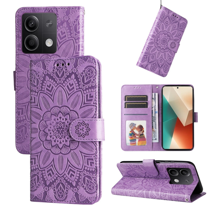 Estuche para teléfono de cuero con estampado de girasol en relieve, For Xiaomi Redmi A3, For Xiaomi Redmi Note13 Pro 4G Global/Poco M6 Pro 4G, For Xiaomi Redmi Note13 4G, For Xiaomi Redmi K70E, For Xiaomi 14 Ultra, For Xiaomi 14 Pro, For Xiaomi 14     ...