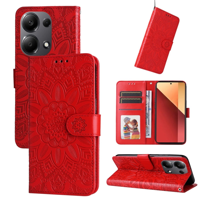 Estuche para teléfono de cuero con estampado de girasol en relieve, For Xiaomi Redmi A3, For Xiaomi Redmi Note13 Pro 4G Global/Poco M6 Pro 4G, For Xiaomi Redmi Note13 4G, For Xiaomi Redmi K70E, For Xiaomi 14 Ultra, For Xiaomi 14 Pro, For Xiaomi 14     ...