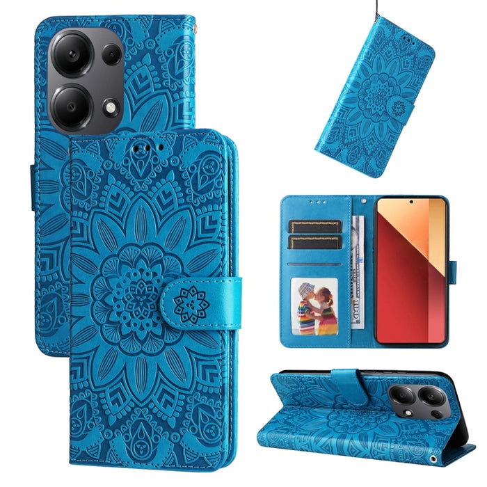 Estuche para teléfono de cuero con estampado de girasol en relieve, For Xiaomi Redmi A3, For Xiaomi Redmi Note13 Pro 4G Global/Poco M6 Pro 4G, For Xiaomi Redmi Note13 4G, For Xiaomi Redmi K70E, For Xiaomi 14 Ultra, For Xiaomi 14 Pro, For Xiaomi 14     ...