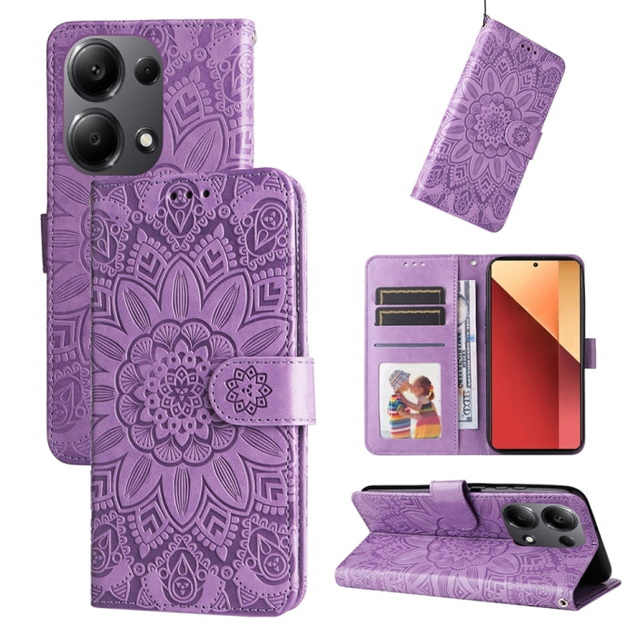 Estuche para teléfono de cuero con estampado de girasol en relieve, For Xiaomi Redmi A3, For Xiaomi Redmi Note13 Pro 4G Global/Poco M6 Pro 4G, For Xiaomi Redmi Note13 4G, For Xiaomi Redmi K70E, For Xiaomi 14 Ultra, For Xiaomi 14 Pro, For Xiaomi 14     ...