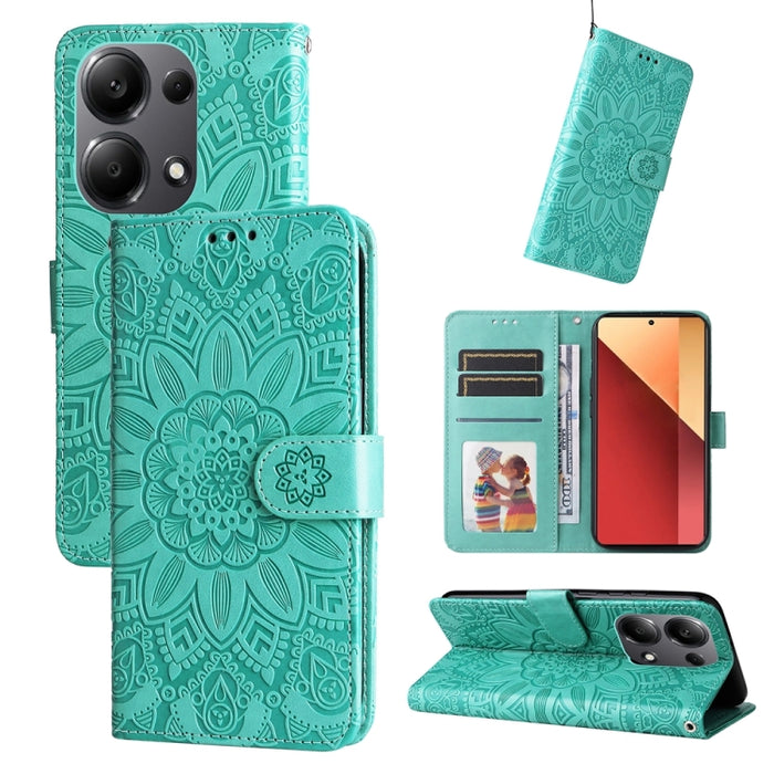 Estuche para teléfono de cuero con estampado de girasol en relieve, For Xiaomi Redmi A3, For Xiaomi Redmi Note13 Pro 4G Global/Poco M6 Pro 4G, For Xiaomi Redmi Note13 4G, For Xiaomi Redmi K70E, For Xiaomi 14 Ultra, For Xiaomi 14 Pro, For Xiaomi 14     ...