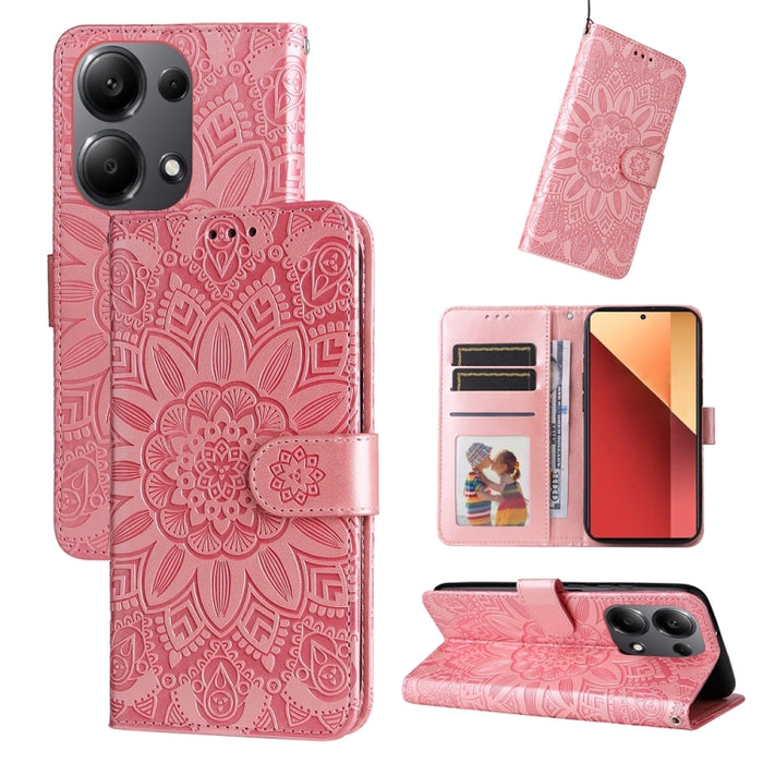 Estuche para teléfono de cuero con estampado de girasol en relieve, For Xiaomi Redmi A3, For Xiaomi Redmi Note13 Pro 4G Global/Poco M6 Pro 4G, For Xiaomi Redmi Note13 4G, For Xiaomi Redmi K70E, For Xiaomi 14 Ultra, For Xiaomi 14 Pro, For Xiaomi 14     ...