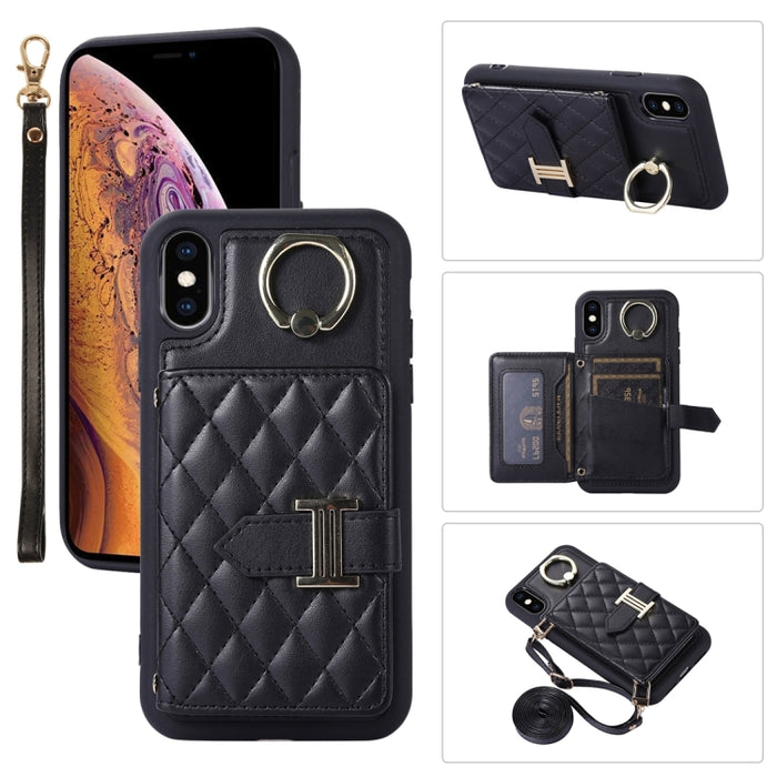 Estuche para teléfono con soporte de anillo y bolsa de tarjeta horizontal con cordón doble