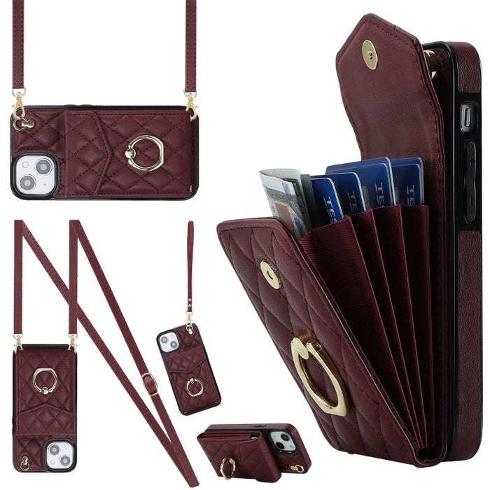 Estuche para teléfono con textura romboidal con cordón largo