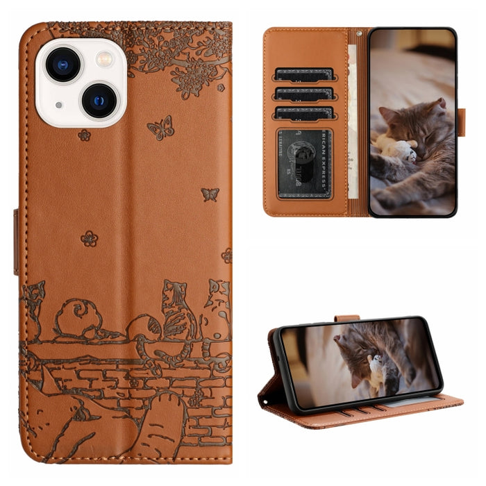 Estuche para teléfono de cuero con estampado de gato con cordón
