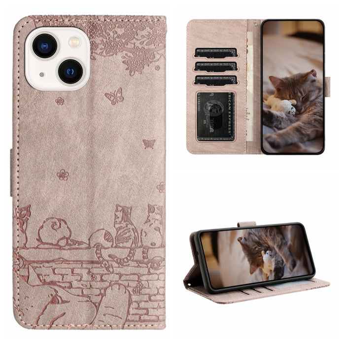 Estuche para teléfono de cuero con estampado de gato con cordón