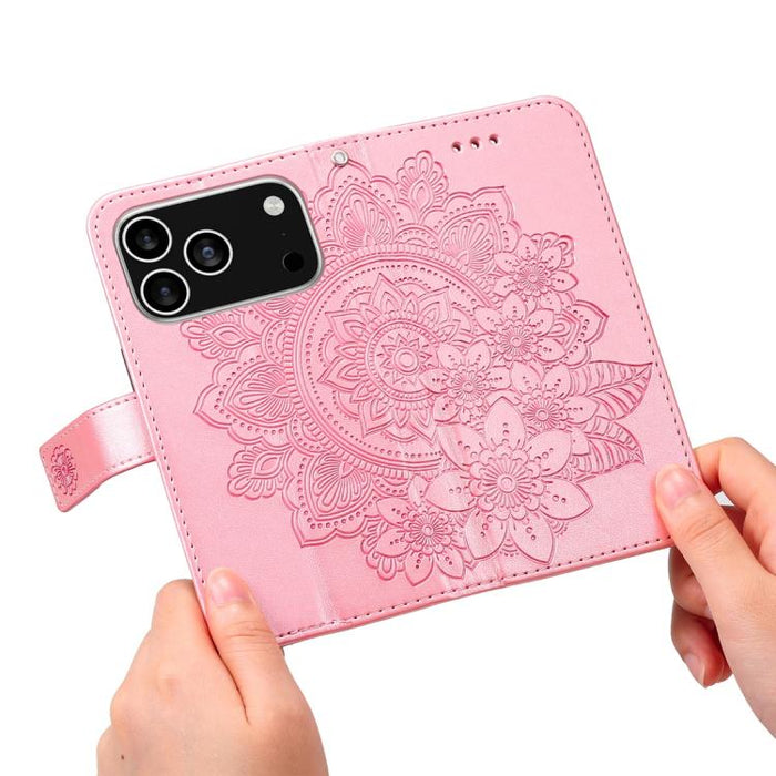 Estuche para teléfono de cuero con estampado de flores de 7 pétalos