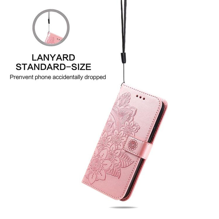 Estuche para teléfono de cuero con estampado de flores de 7 pétalos
