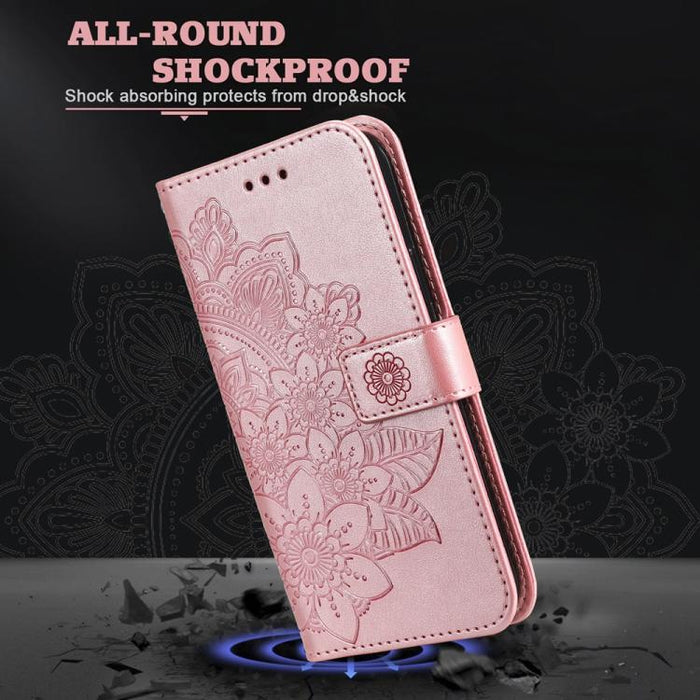 Estuche para teléfono de cuero con estampado de flores de 7 pétalos