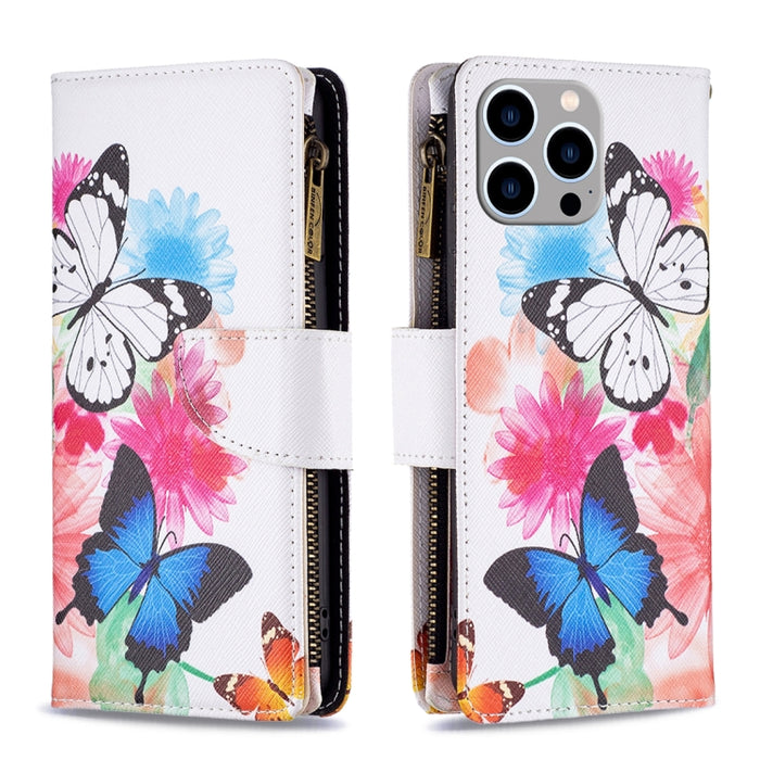 Estuche de cuero para teléfono con cremallera y patrón de dibujo coloreado