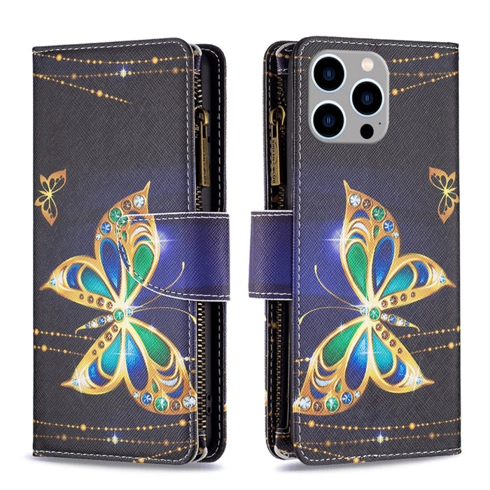 Estuche de cuero para teléfono con cremallera y patrón de dibujo coloreado