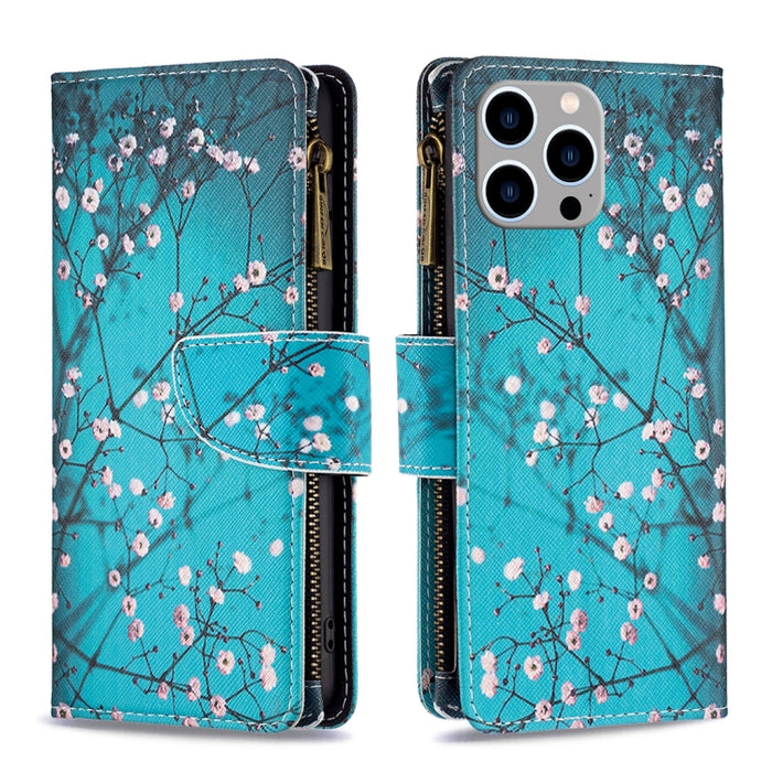 Estuche de cuero para teléfono con cremallera y patrón de dibujo coloreado
