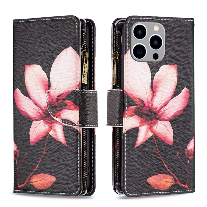 Estuche de cuero para teléfono con cremallera y patrón de dibujo coloreado