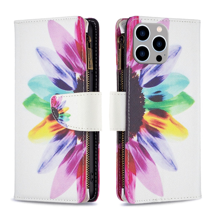 Estuche de cuero para teléfono con cremallera y patrón de dibujo coloreado