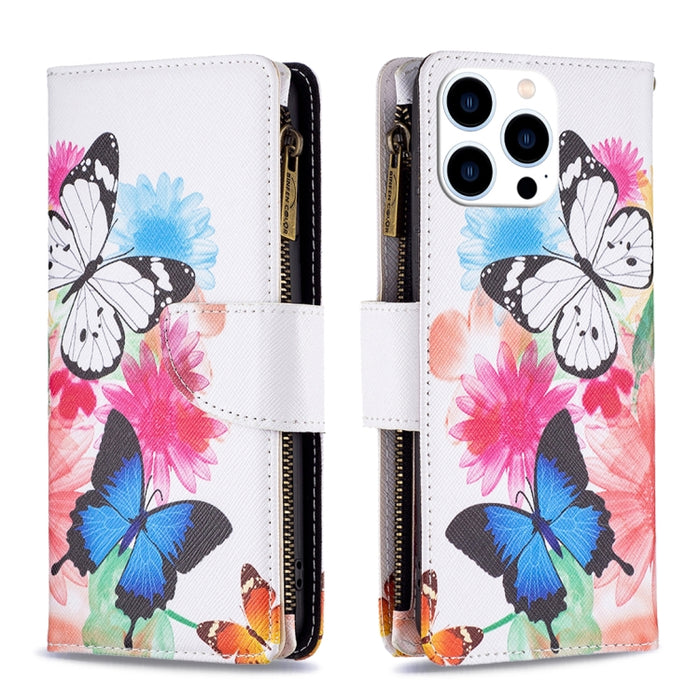 Estuche de cuero para teléfono con cremallera y patrón de dibujo coloreado