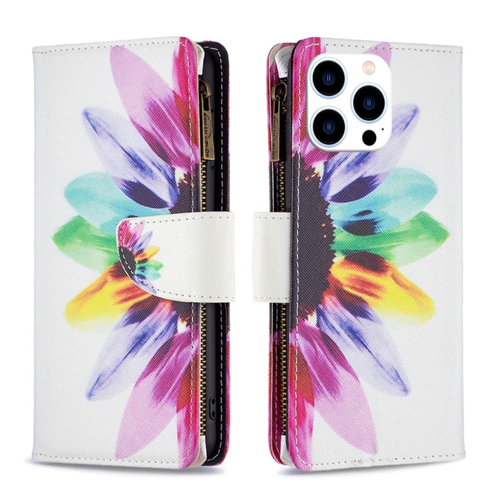 Estuche de cuero para teléfono con cremallera y patrón de dibujo coloreado