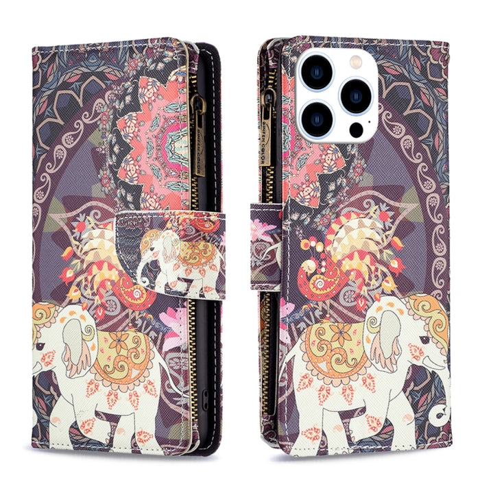 Estuche de cuero para teléfono con cremallera y patrón de dibujo coloreado
