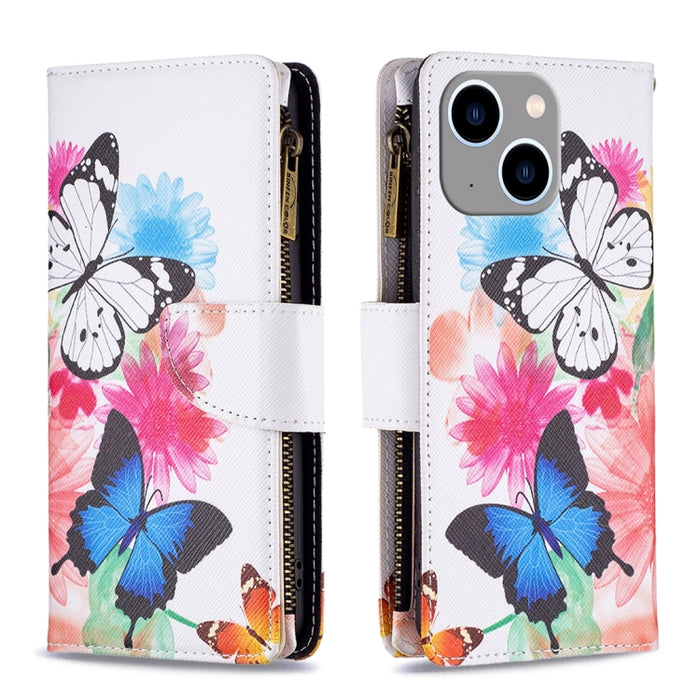 Estuche de cuero para teléfono con cremallera y patrón de dibujo coloreado